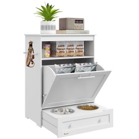 Pet Feeder Station with Storage, Dog Food Storage Container with 2 Raised Dog Bowls, White Pet Feeder Station with Storage, Dog Food Storage Container with 2 Raised Dog Bowls, White